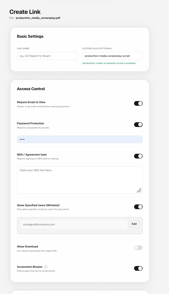 Access control settings interface displaying email gating, password protection, NDA toggle, and screenshot deterrence