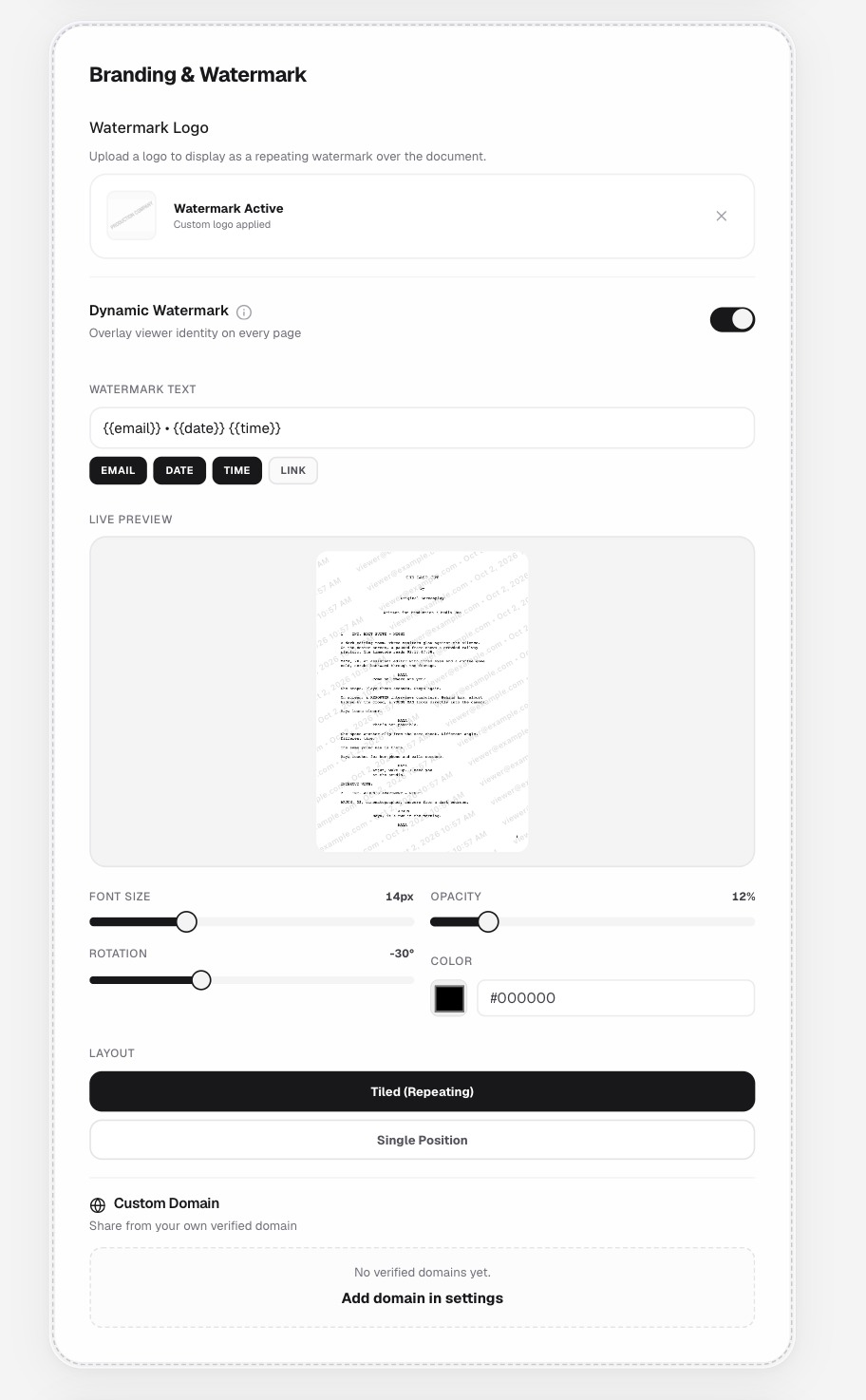 Dynamic watermark setup interface with live preview, opacity slider, and rotation angle
