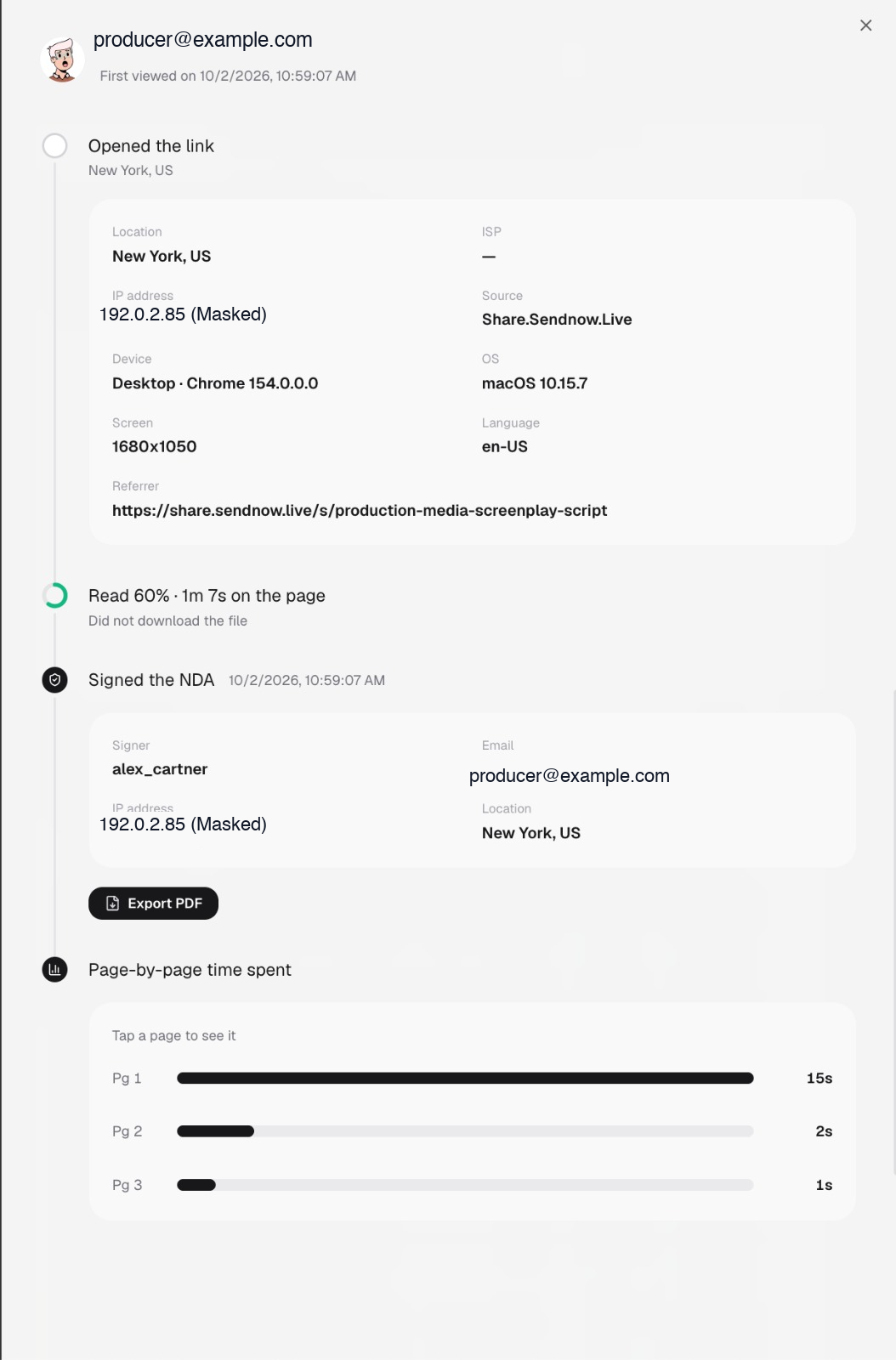 Detailed viewer audit log showing signed NDA details, IP address, and timestamp