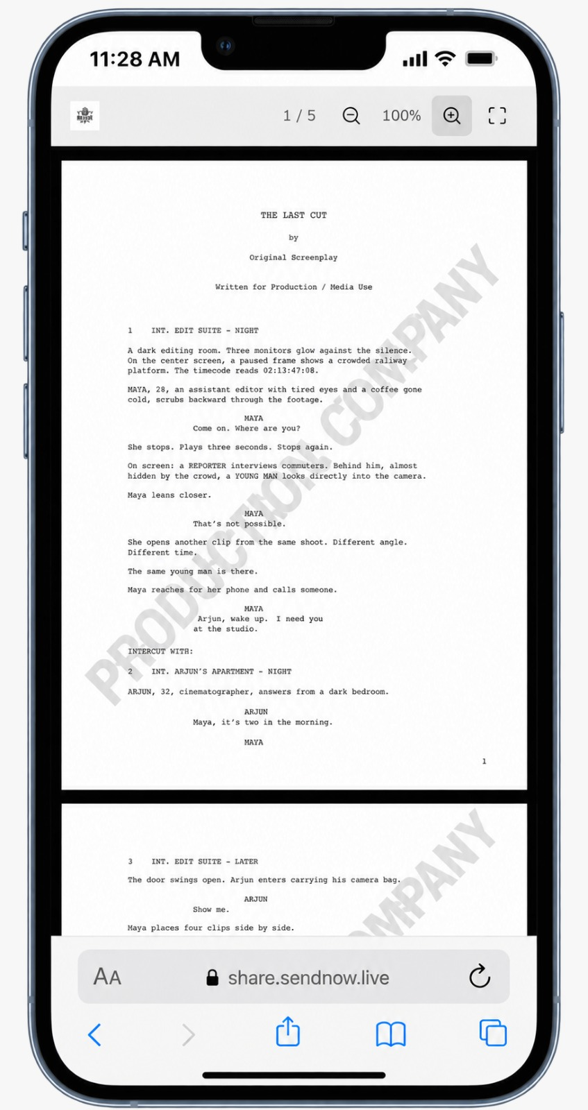 Screenplay rendered on mobile device displaying continuous production company watermark over script dialogue